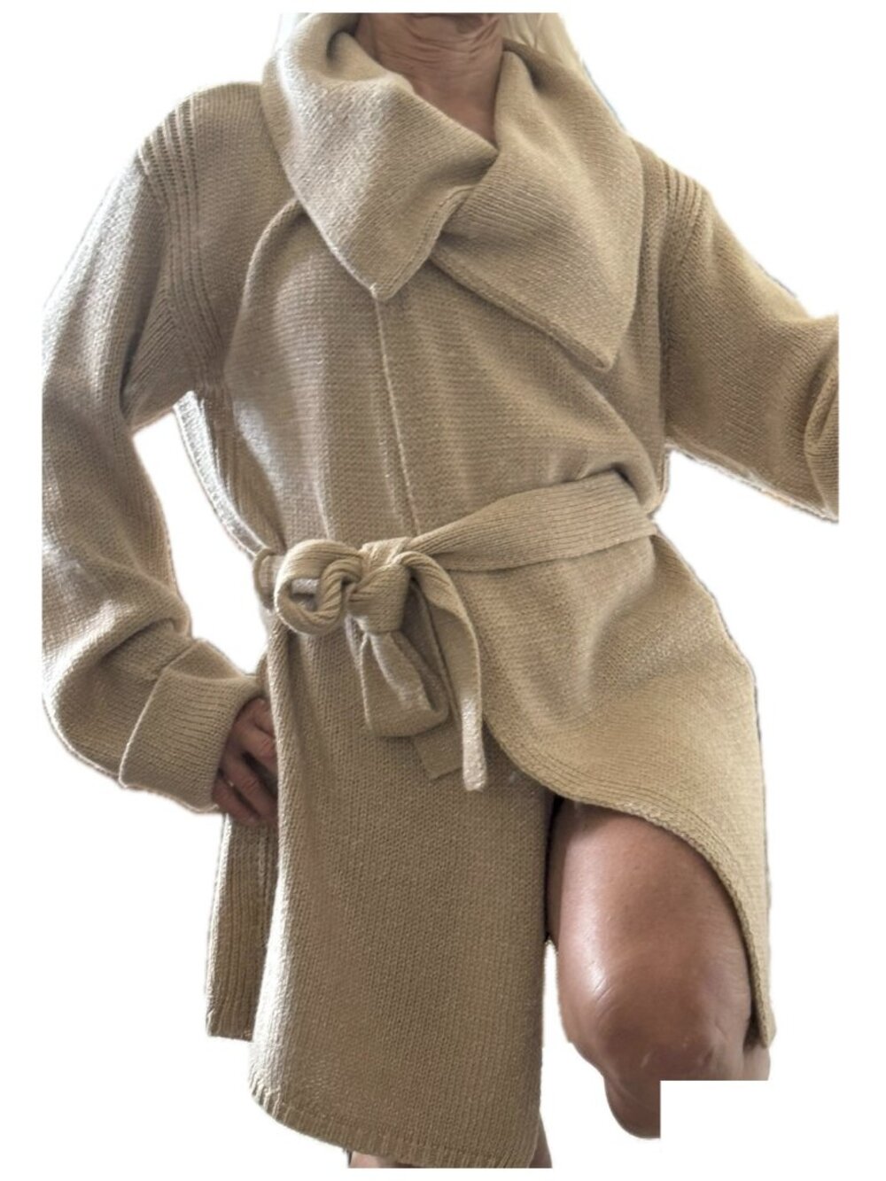 Talbots Gold Knit Cardigan Cowl Neck Cuffed Long Sleeve Belted Sz M